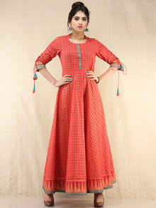 Nazma - Coral Gold Checks Printed Long Urave Cut Dress - D378FXXXX