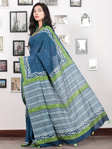Indigo White Green Hand Block Printed Cotton Mul Saree With Tassels & Mirror Work - S031703020
