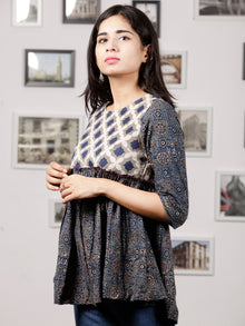 Indigo Grey White Hand Block Printed Top With Gathers  - T22F875