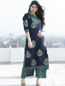 Raashida - Indigo Green Gold Printed Kurta Palazzo Set  - SS02F2004