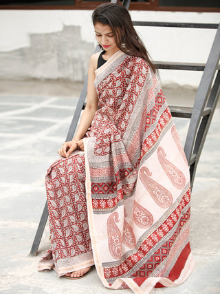 Beige Maroon Black Bagh Hand Block Printed Maheswari Silk Saree - S031703822