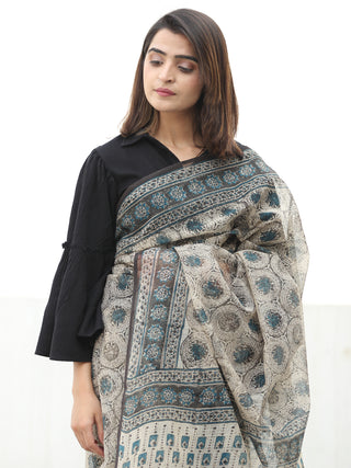 Beige Black Teal Green Hand Block Printed Kota Doria Saree  - S031704073