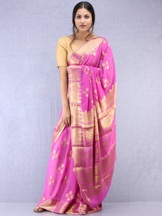 Banarasee Chiffon Saree With Golden Zari Weave - Orchid Pink & Gold - S031704360
