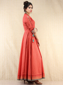 Nazma - Coral Gold Checks Printed Long Urave Cut Dress - D378FXXXX