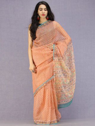 Coral Yellow Teal Hand Block Printed Kota Doria Saree - S031704588