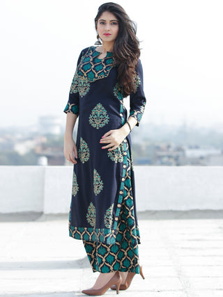 Raashida - Indigo Green Gold Printed Kurta Palazzo Set  - SS02F2004