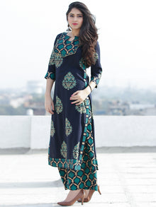 Raashida - Indigo Green Gold Printed Kurta Palazzo Set  - SS02F2004