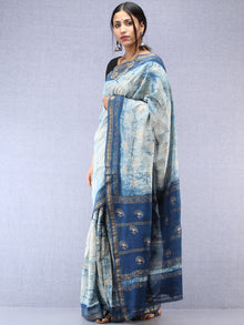 Indigo Hand Brush Printed Maheshwari Silk Saree With Zari Border - S031704484