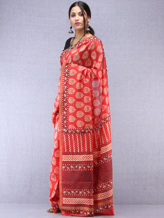 Red Ivory Hand Block Printed Chanderi Saree With Geecha Border - S031704509
