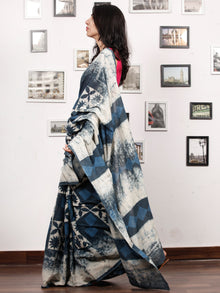 Indigo White Hand Block Printed Cotton Mul Saree - S031703485