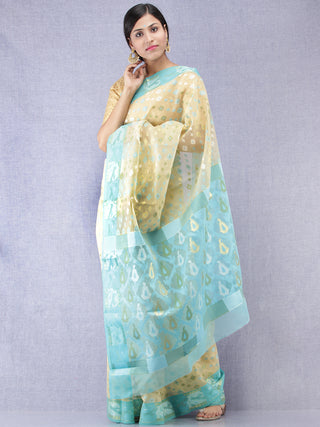 Banarasee Organza Saree With Zari & Resham Work - Ivory Sky Blue & Gold  - S031704312