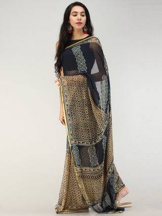 Navy Mustard Hand Block Printed Chiffon Saree with Zari Border - S031704557