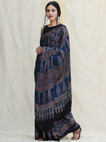 Indigo Ivory Red Ajrakh Hand Block Printed Modal Silk Saree - S031704120