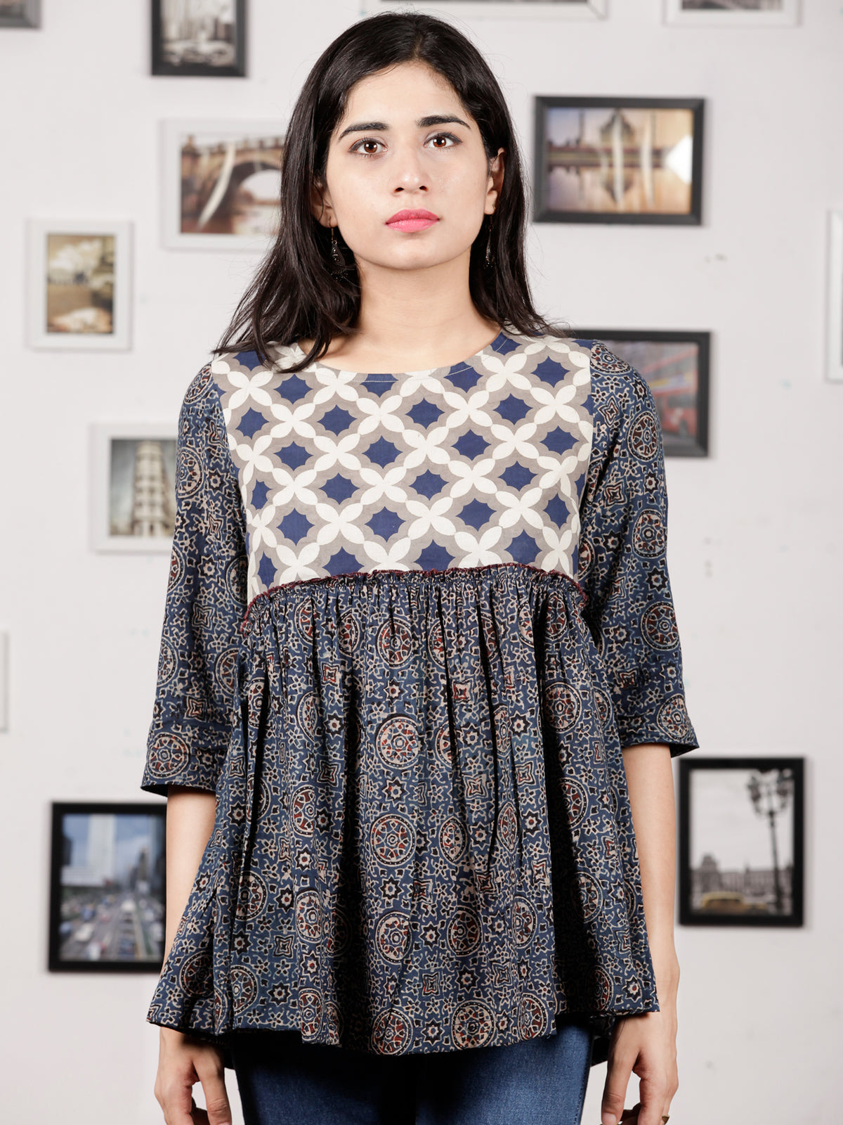 Indigo Grey White Hand Block Printed Top With Gathers  - T22F875