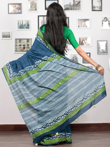 Indigo White Green Hand Block Printed Cotton Mul Saree With Tassels & Mirror Work - S031703020
