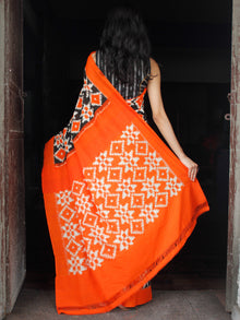 Orange Black White Telia Rumal Double Ikat Handwoven Pochampally Mercerized Cotton Saree - S031703515