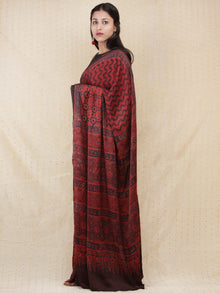 Crimson Red Black Ajrakh Hand Block Printed Modal Silk Saree - S031704155