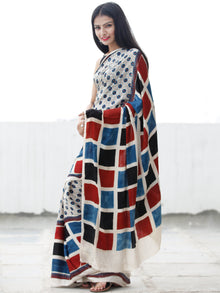 Off White Black Indigo Red Ajrakh Hand Block Printed Modal Silk Saree in Natural Colors - S031703699