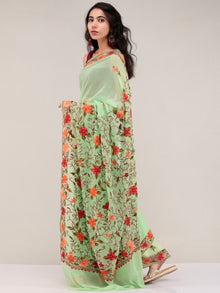 Light Green Aari Embroidered Georgette Saree From Kashmir - S031704628