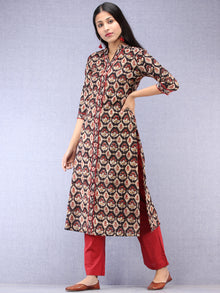 Black Beige Maroon Ajrakh Hand Block Printed Kurta With Round Collar  - K198F1842