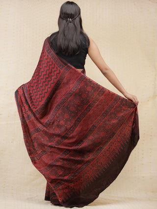 Crimson Red Black Ajrakh Hand Block Printed Modal Silk Saree - S031704155