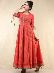 Nazma - Coral Gold Checks Printed Long Urave Cut Dress - D378FXXXX