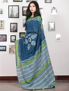 Indigo White Green Hand Block Printed Cotton Mul Saree With Tassels & Mirror Work - S031703020