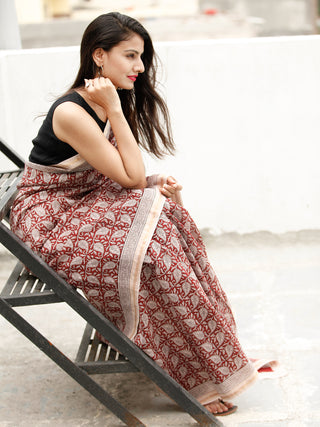 Beige Maroon Black Bagh Hand Block Printed Maheswari Silk Saree - S031703822