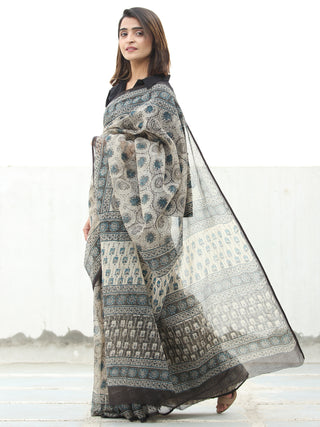 Beige Black Teal Green Hand Block Printed Kota Doria Saree  - S031704073