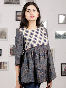 Indigo Grey White Hand Block Printed Top With Gathers  - T22F875