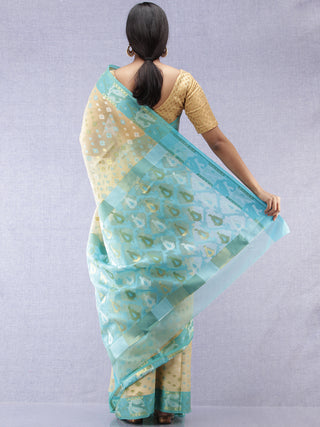 Banarasee Organza Saree With Zari & Resham Work - Ivory Sky Blue & Gold  - S031704312