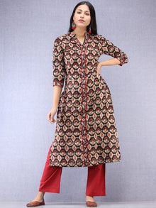 Black Beige Maroon Ajrakh Hand Block Printed Kurta With Round Collar  - K198F1842