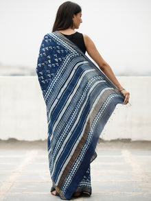 Indigo White Hand Block Printed Handwoven Linen Saree With Zari Border - S031703811