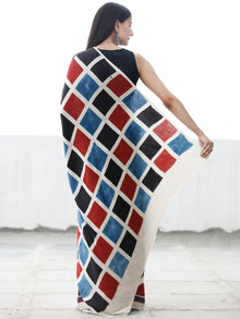 Off White Black Indigo Red Ajrakh Hand Block Printed Modal Silk Saree in Natural Colors - S031703699