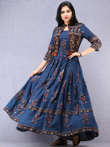 Naaz Roheen - Hand Block Printed Long Cotton Box Pleated Embroidered Jacket Dress - DS98F001