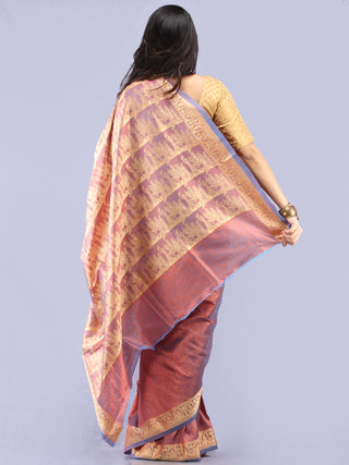 Banarasee Semi Silk Self Weave Saree With Resham Border - Blue Pink Gold - S031704293