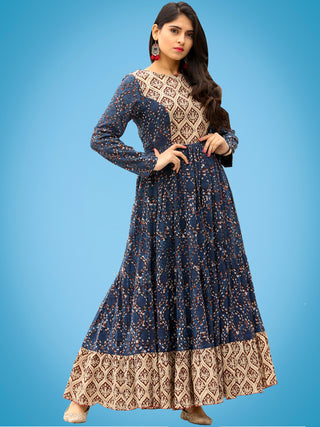 Taraab - Long Hand Block Printed Cotton Tier Dress - D139F1728