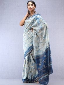 Indigo Hand Brush Printed Maheshwari Silk Saree With Zari Border - S031704484
