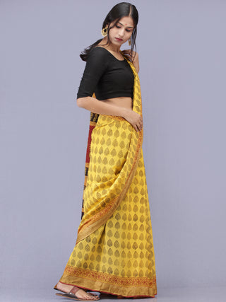 Yellow Maroon Black Bagh Printed Maheshwari Cotton Saree - S031704172