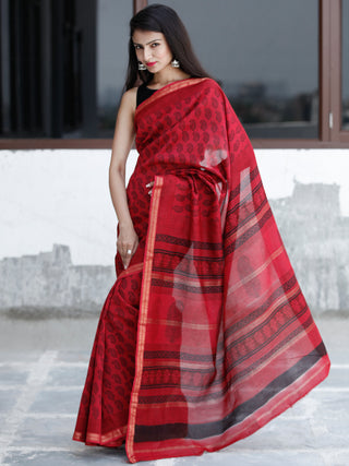 Red- Black Bagh Hand Block Printed Maheswari Silk Saree With Resham Border - S031703831