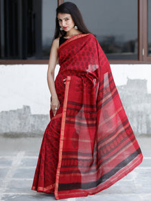 Red- Black Bagh Hand Block Printed Maheswari Silk Saree With Resham Border - S031703831