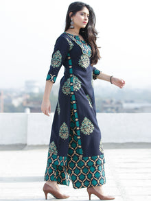 Raashida - Indigo Green Gold Printed Kurta Palazzo Set  - SS02F2004