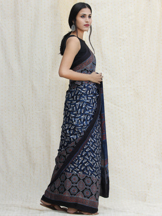 Indigo Ivory Red Ajrakh Hand Block Printed Modal Silk Saree - S031704120