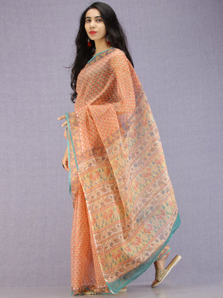 Coral Yellow Teal Hand Block Printed Kota Doria Saree - S031704588