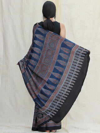 Indigo Ivory Red Ajrakh Hand Block Printed Modal Silk Saree - S031704120