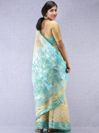 Banarasee Organza Saree With Zari & Resham Work - Ivory Sky Blue & Gold  - S031704312
