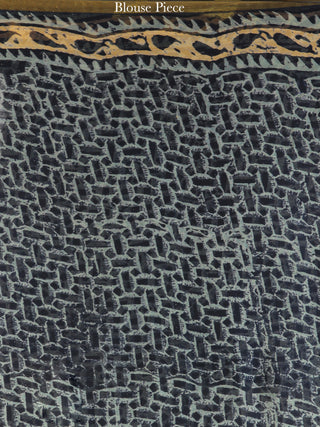 Navy Mustard Hand Block Printed Chiffon Saree with Zari Border - S031704557