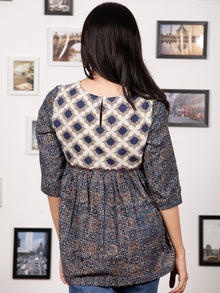 Indigo Grey White Hand Block Printed Top With Gathers  - T22F875