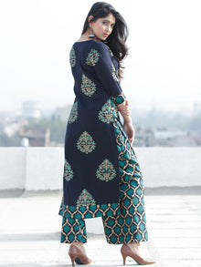 Raashida - Indigo Green Gold Printed Kurta Palazzo Set  - SS02F2004