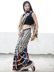 Off White Black Indigo Red Ajrakh Hand Block Printed Modal Silk Saree in Natural Colors - S031703699